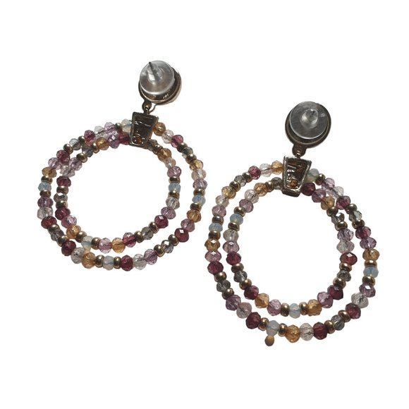 Beaded Hoop Earrings Gold Tone Vintage Earrings Womens Jewelry Costume Purple - Picture 5 of 7